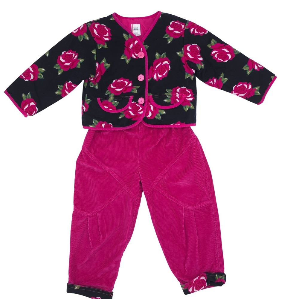 Vintage Floral Quilted Jacket Corduroy Overalls Set Pink Black Toddler 4T